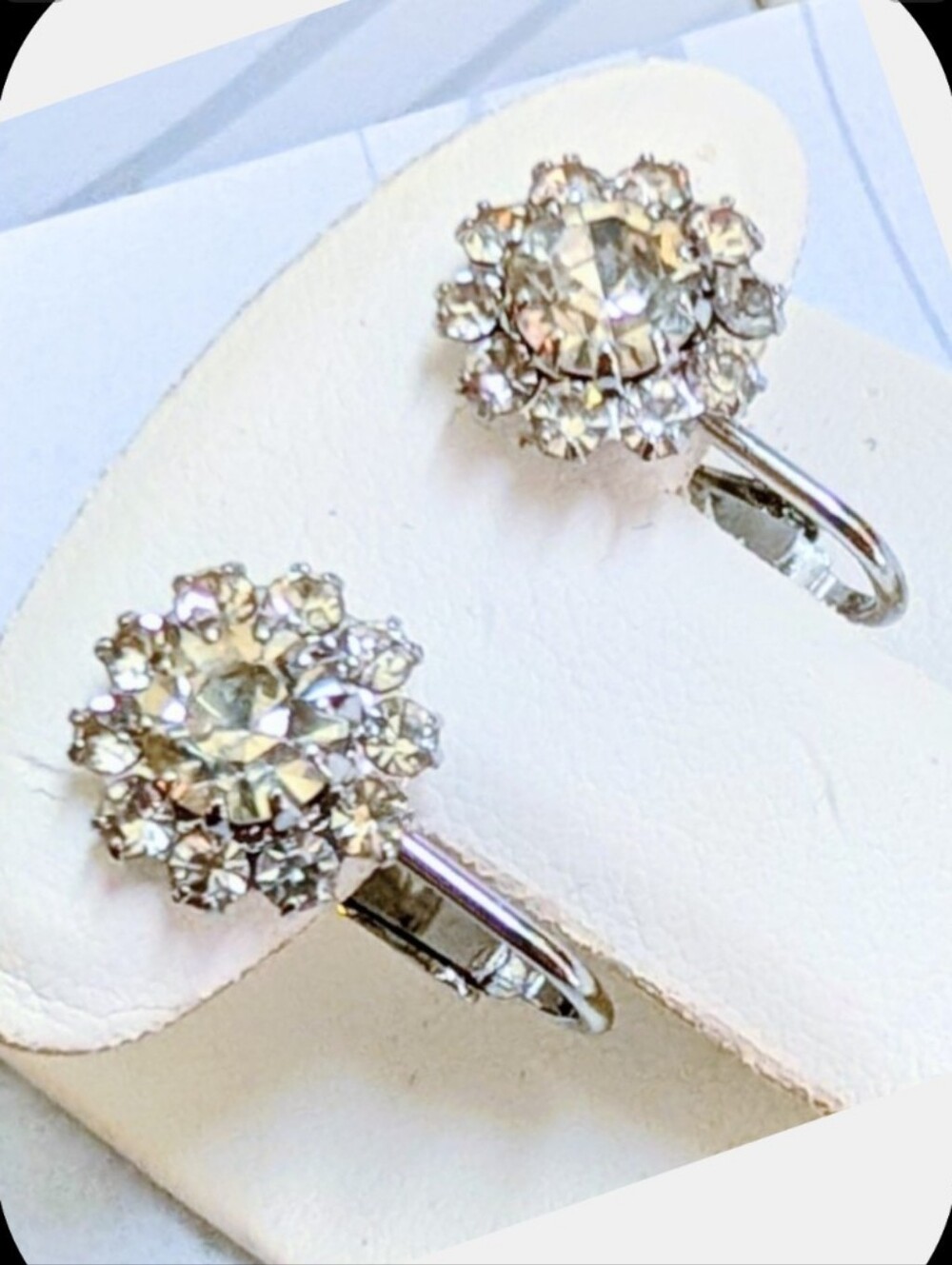Vintage Euro Cut Rhinestone Rhodium Clip Earrings